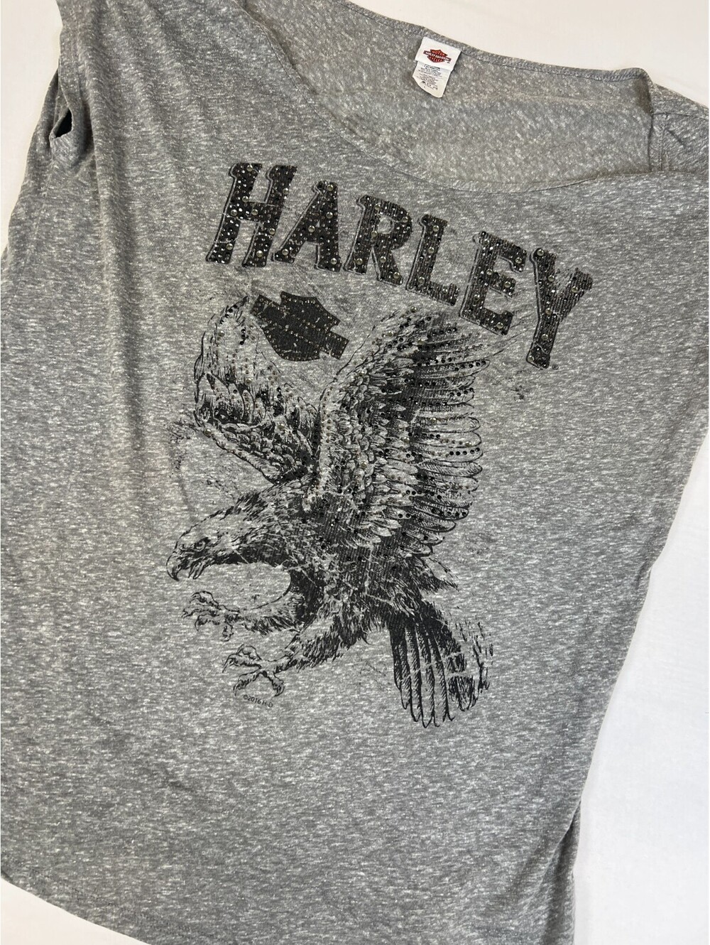 Harley-Davidson Women L Retro Apol's Alexandria Raymond Minnesota Gray T-Shirt - Picture 6 of 8